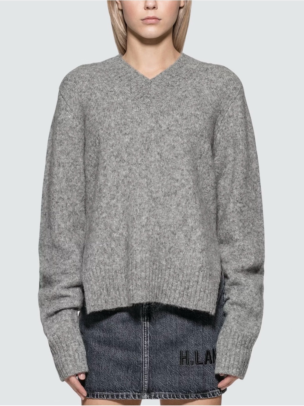 Helmut Lang Brushed V-Neck Tie Sleeve Sweater in Ash